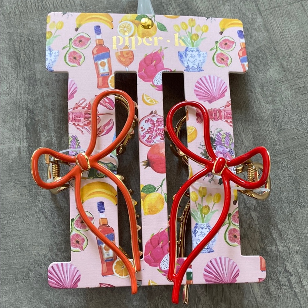 Piper K Red and Coral Bow Hair Clips